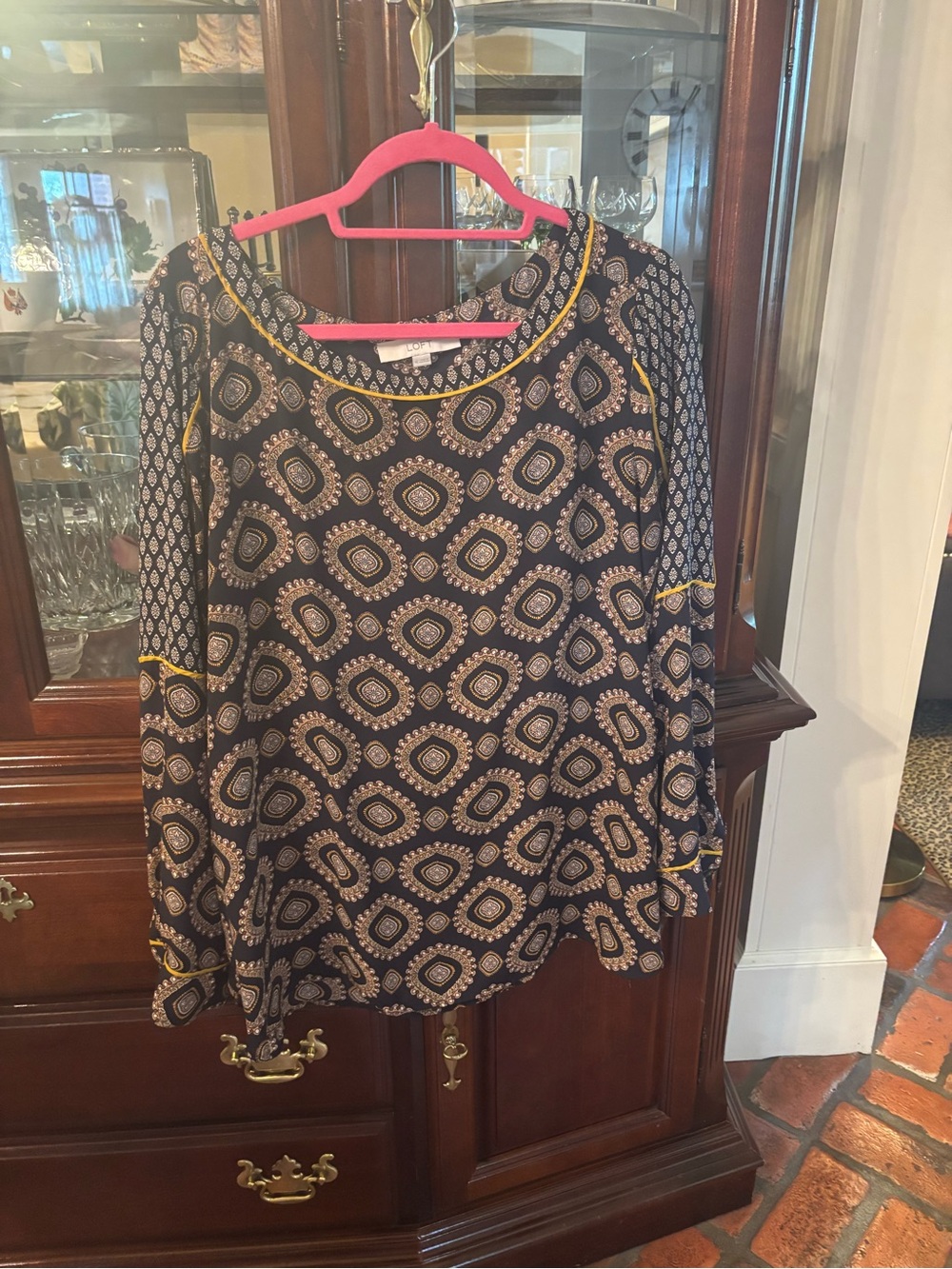 Loft Women's Navy Printed Long-Sleeve Boho Top with Yellow Accents